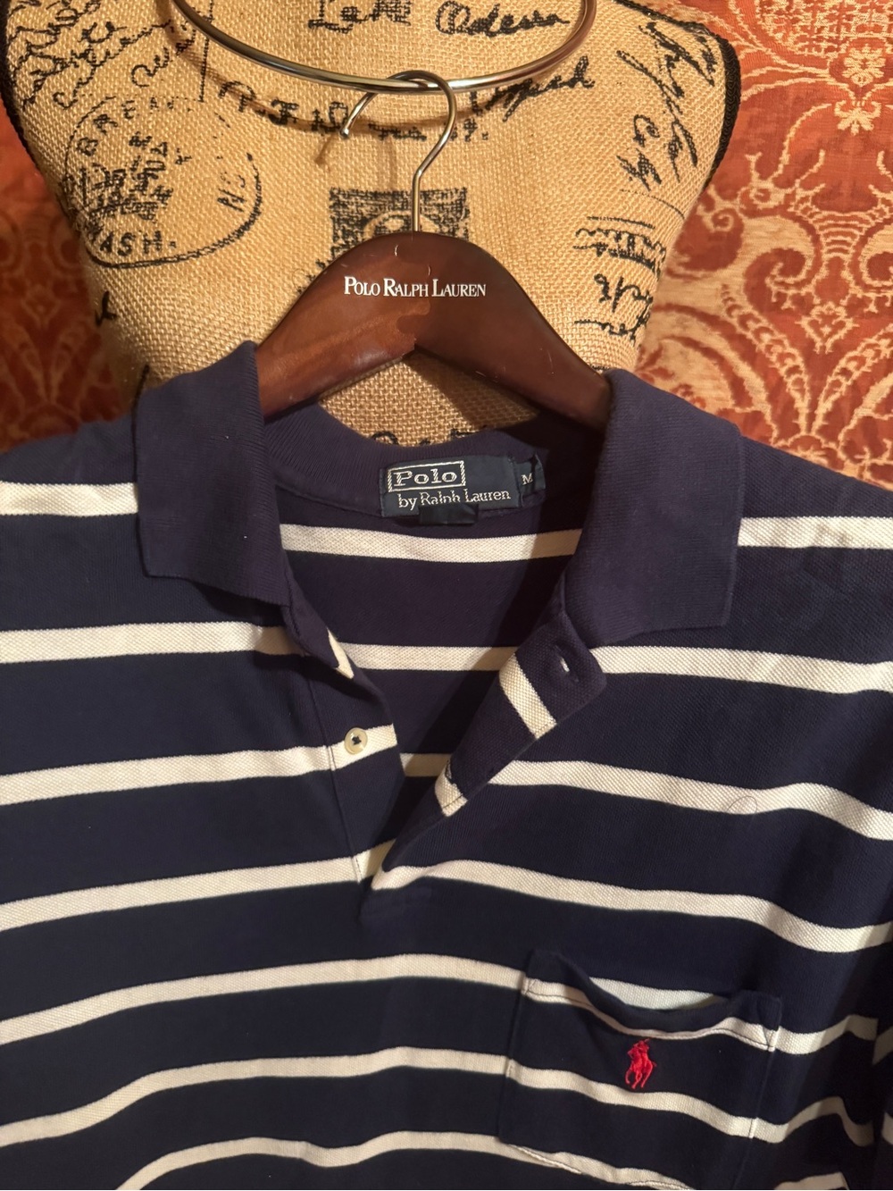 Polo by Ralph Lauren Navy & White Striped Cotton Polo with Red Pony